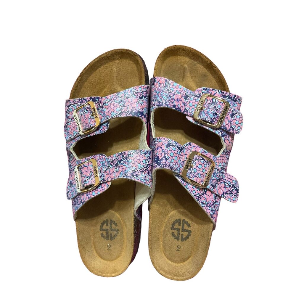 Simply Southern Floral Buckle Slip on Flip Flop Sandals Size 9 Pink/Blue